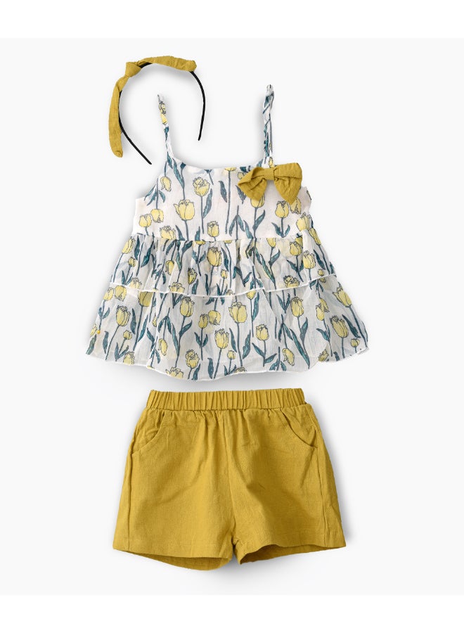 Printed Spaghetti Top And Shorts With Headband Set Multicolour