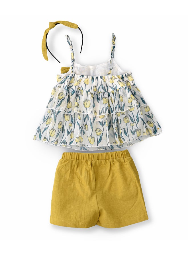 Printed Spaghetti Top And Shorts With Headband Set Multicolour