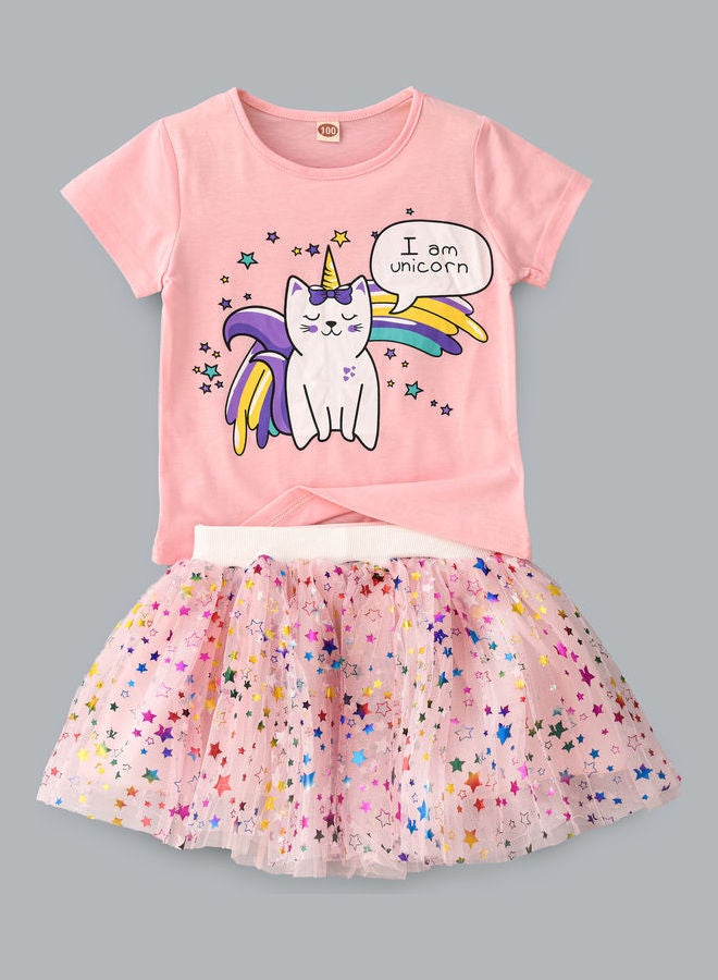 Kittycorn Printed T-Shirt And Stars Printed Net Skirt Set Pink/Purple/White