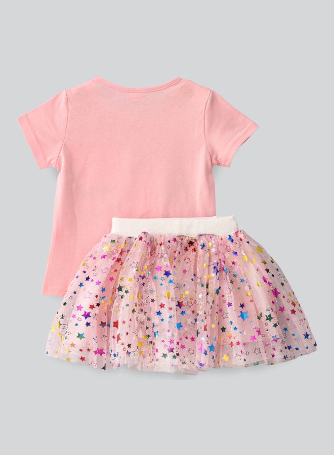 Kittycorn Printed T-Shirt And Stars Printed Net Skirt Set Pink/Purple/White