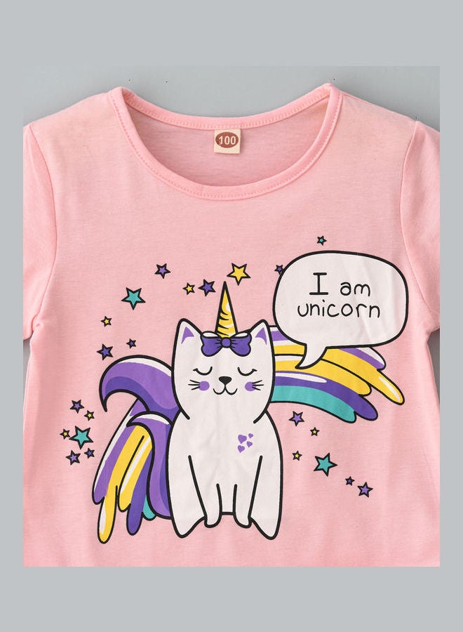 Kittycorn Printed T-Shirt And Stars Printed Net Skirt Set Pink/Purple/White
