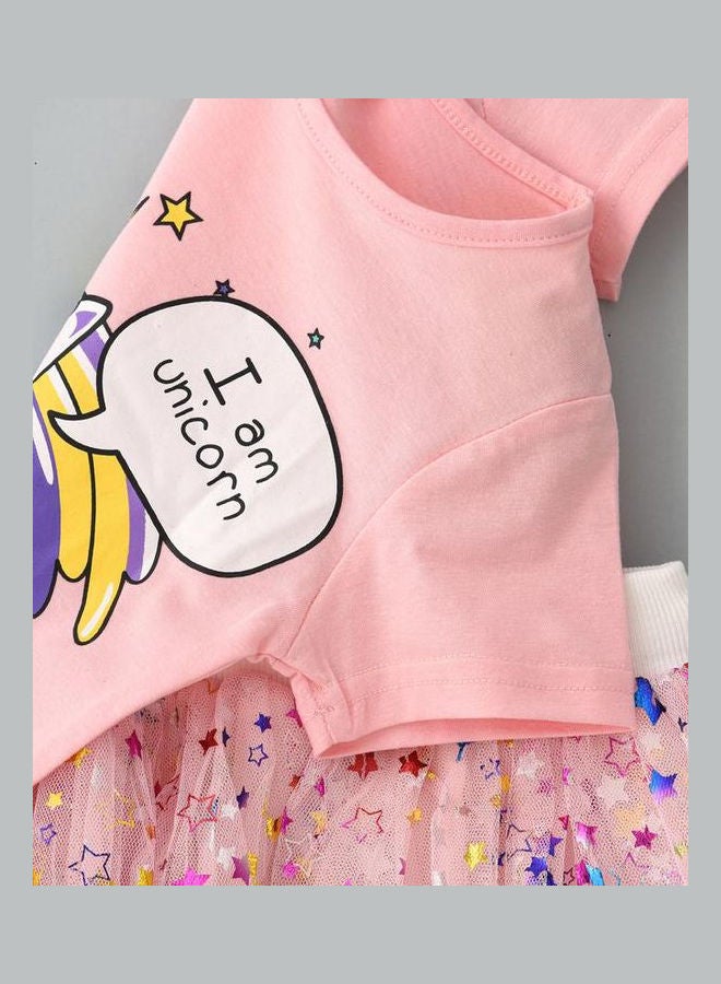 Kittycorn Printed T-Shirt And Stars Printed Net Skirt Set Pink/Purple/White