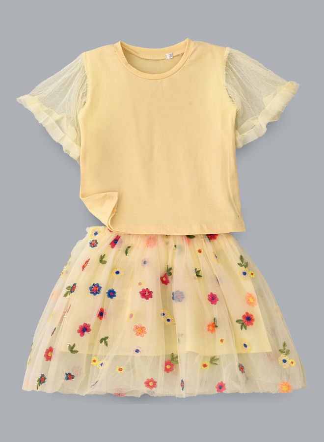Bell Sleeve T-Shirt And Floral Printed Skirt Set Beige