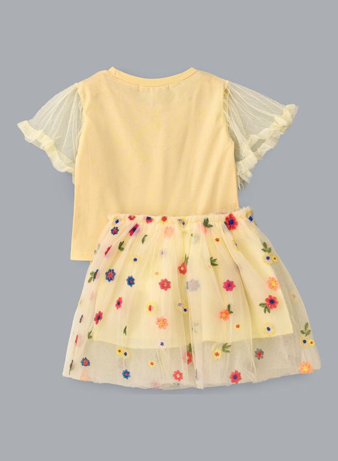 Bell Sleeve T-Shirt And Floral Printed Skirt Set Beige