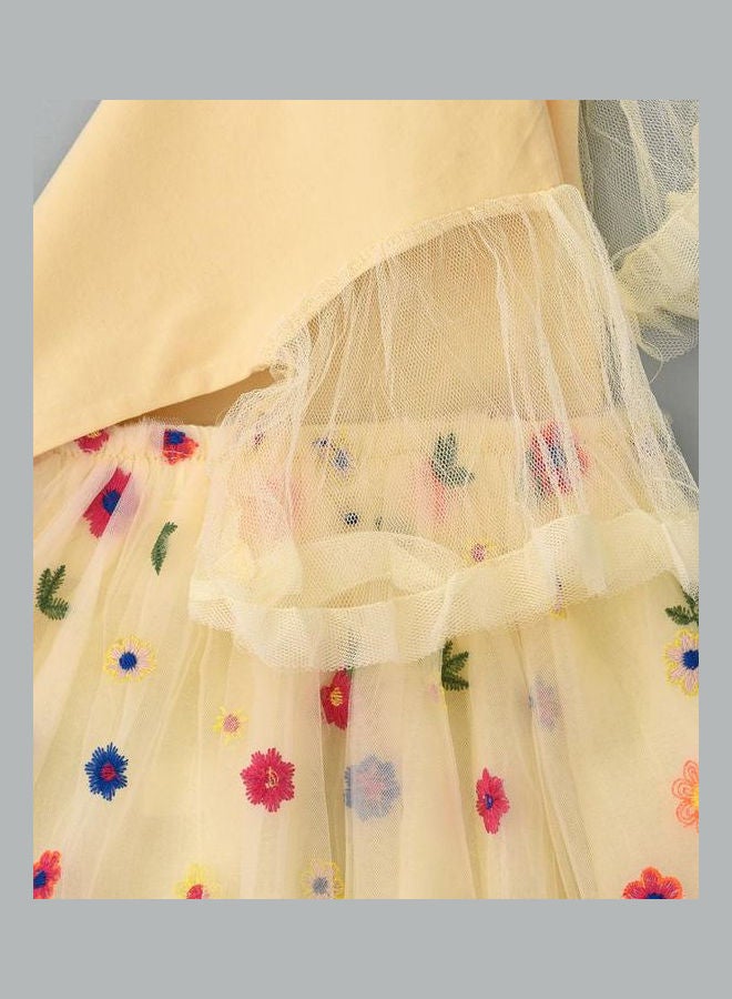 Bell Sleeve T-Shirt And Floral Printed Skirt Set Beige