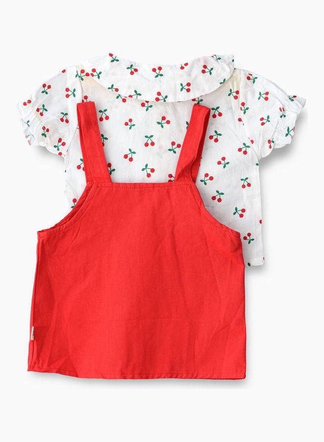 Peter Pan Collared T-Shirt And Dungree Set Red/White