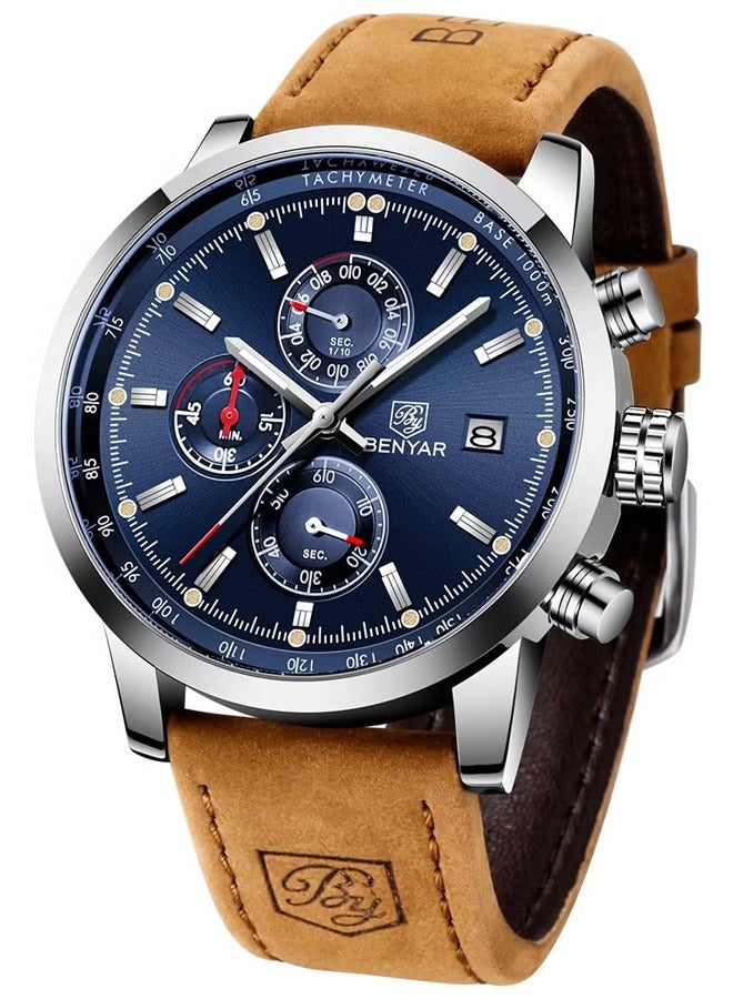 Men's Quartz Waterproof Sports Chronograph Wrist Watch, Brown Strap, BY5102 Blue