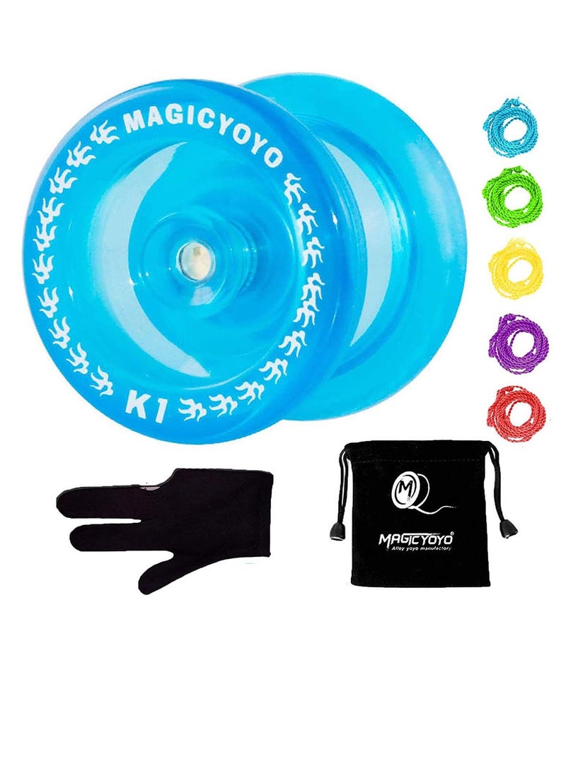K1 Yoyo Responsive Ball Bearing Yoyo for Beginner Kids,Practise Rapid Response Capability, Plastic ABS Yoyo with Yoyo Glove+Yoyo Bag+5 Replacement Yoyo Strings (Crystal Blue)