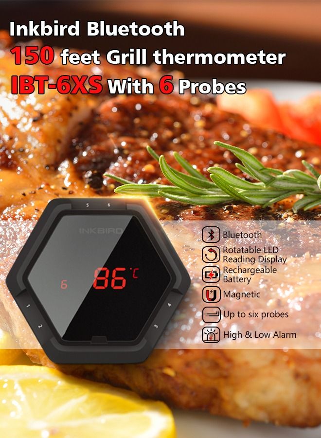 INKBIRD IBT-6XS Food Thermometer Meat Probe Bluetooth Wireless Grill Thermometer for Smoker Six Probes Digital Oven Weber BBQ Thermometer Kitchen Oven Grilling