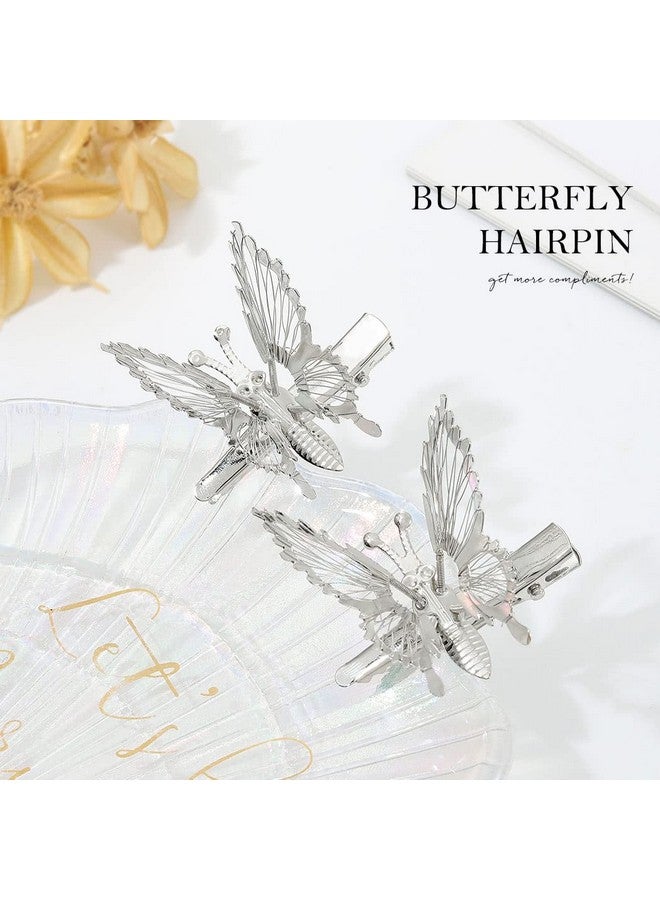 Butterfly Hair Clips Silver Butterfly Hair Barrettes Moving Butterfly Decorative Hair Pins Hair Accessories For Women And Girls Pack Of 2