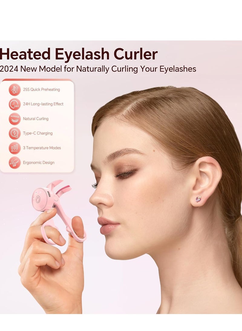 Heated Eyelash Curler with 3 Heating Modes, Fast Heat Up Within 10s, 24 Hours Long Lasting, Rechargeable Electric Safe Design (Pink)