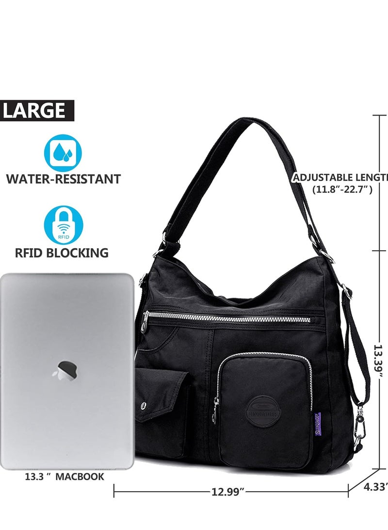 Multipurpose Hobo Purse for Women with Antitheft RFID, Waterproof Nylon Crossbody Bag Shoulder Handbag, Convertible Backpack