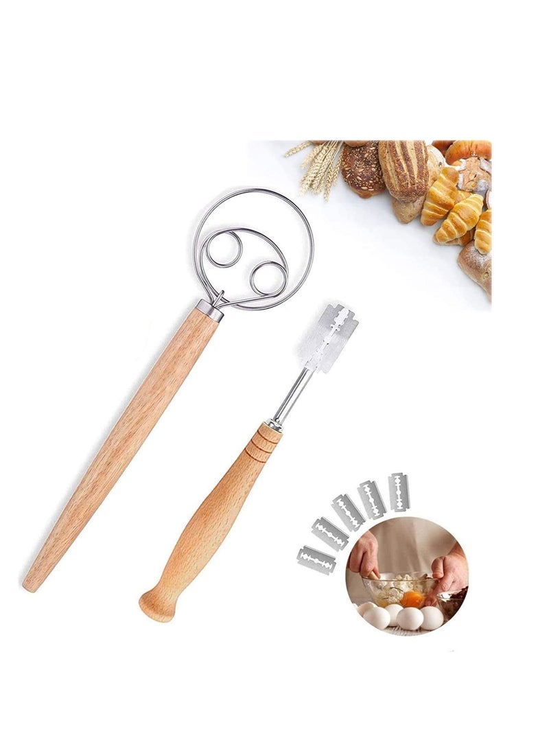 Dough Whisk and Bread Lame Set With 5 Replacement Blades Stainless Steel Dutch Style Bread Dough whisk for pastry, Danish Whisk,Great alternatives to a blender, mixer or hook