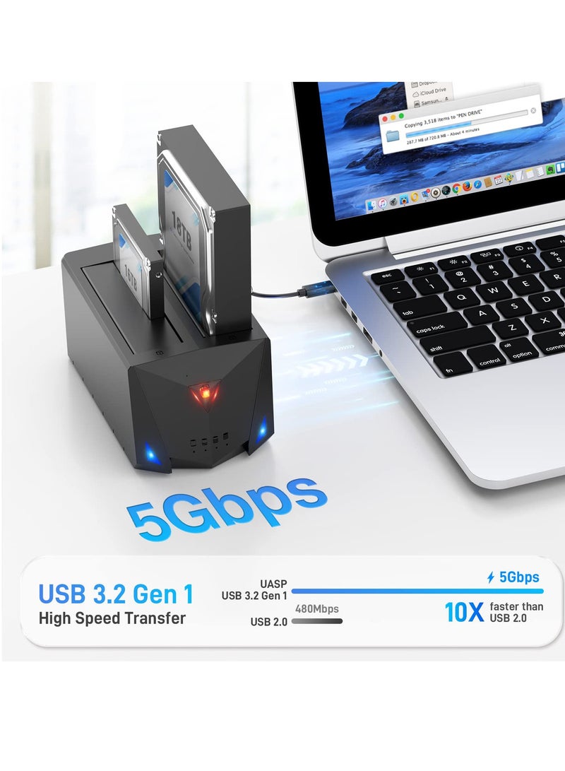 USB 3.2 Gen 1 to Hard Drive Docking Station 2.5 or 3.5 inch SATA I II III Dual Hard Drive Docking Station with Hard Drive Duplicator Offline Clone Function and 2 USB Cables Support UASP