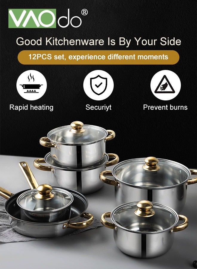 12PCS Stainless Steel pots and pans Kitchen Cookware Set Works with Induction Electric and Gas Cooktops Dishwasher Pots and Pans Kitchen Cooking Set with Stay-Cool Handles
