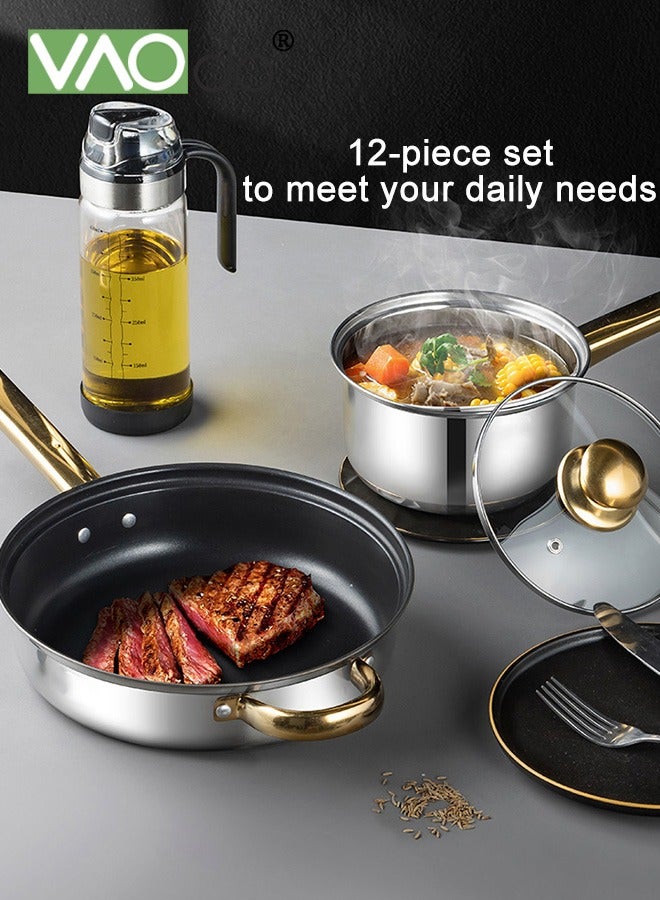 12PCS Stainless Steel pots and pans Kitchen Cookware Set Works with Induction Electric and Gas Cooktops Dishwasher Pots and Pans Kitchen Cooking Set with Stay-Cool Handles