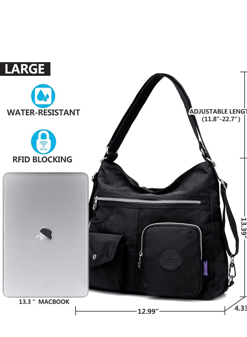 Multipurpose Hobo Purse for Women with Antitheft RFID, Waterproof Nylon Crossbody Bag Shoulder Handbag, Convertible Backpack