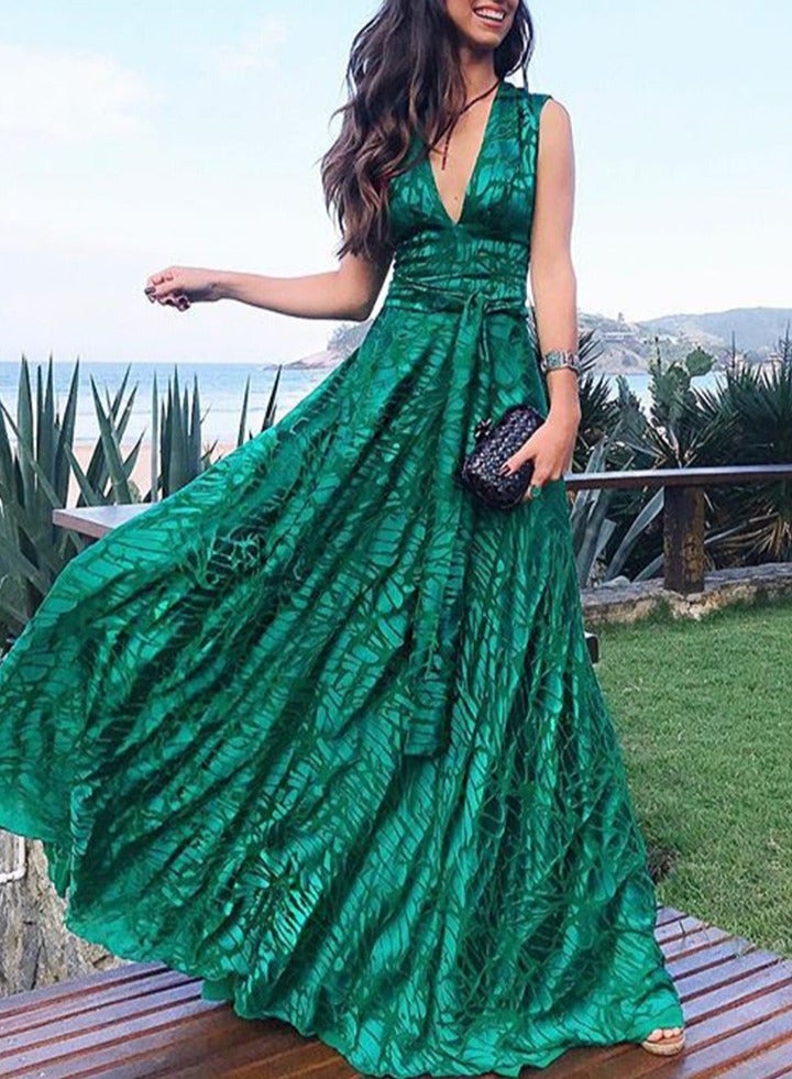 Deep V-Neck Maxi Dress Green