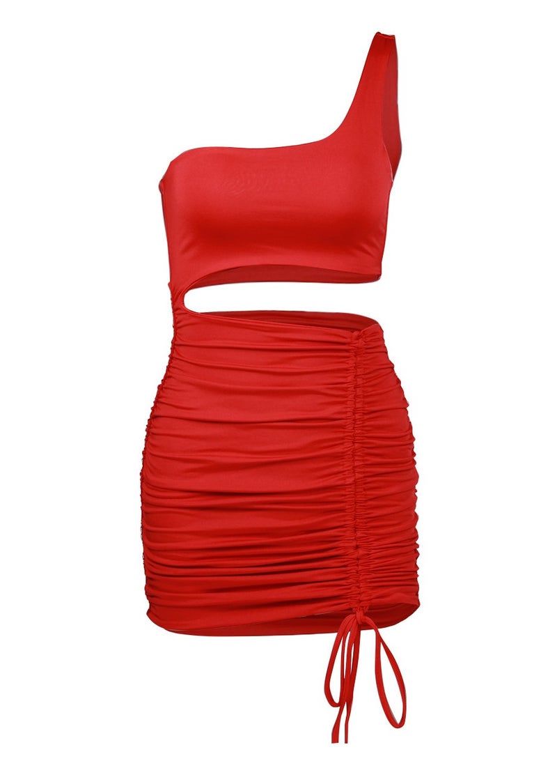 Women One Shoulder Hollow Out Bodycon Mini Dress Red