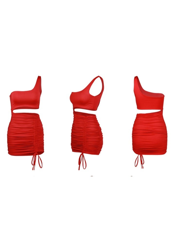 Women One Shoulder Hollow Out Bodycon Mini Dress Red