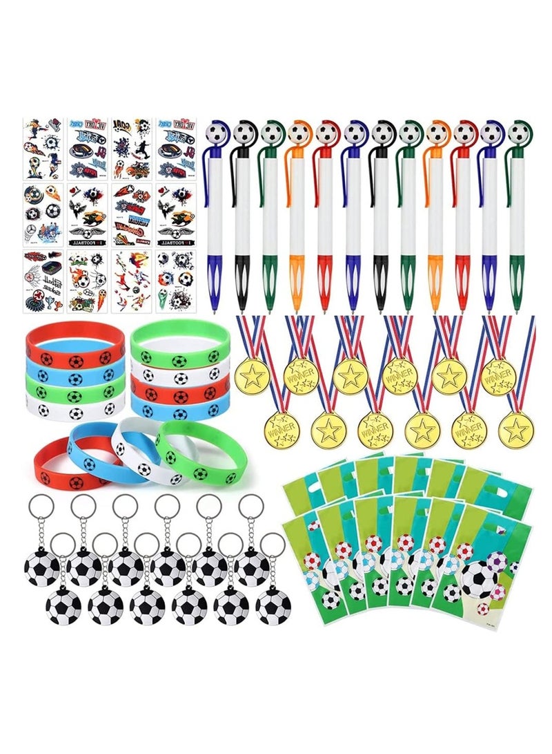 Soccer Party Favors Set 72 Pack Soccer Theme Party Supplies Soccer Toy Soccer Bracelets Keychains Tattoo Stickers Gold Plastic Prize Medals and Whistle Pens Soccer Goodie Bags