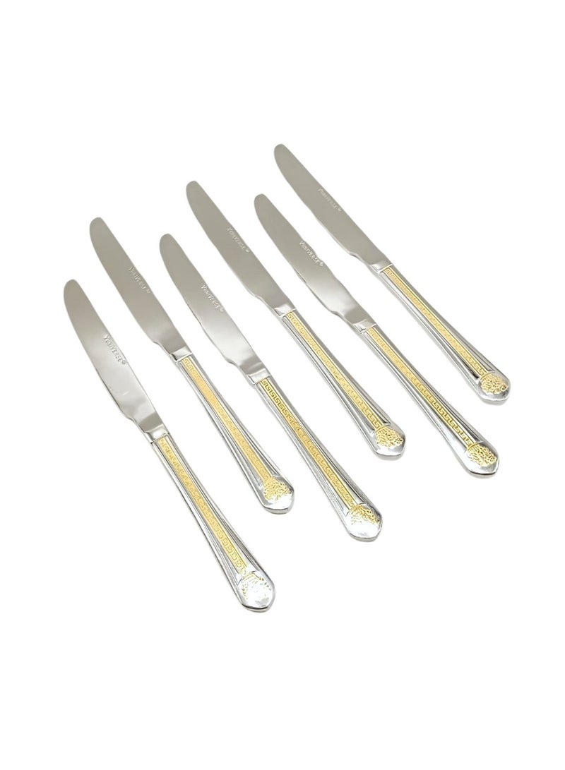 Liying 6Pcs Golden V Flower Design Stainless Steel Steak Knives Set 23cm x 2.5cm, Modern Silver Steak Knives for Home, Kitchen, Restaurant, Fine Edge & Mirror Polished, Dishwasher Safe