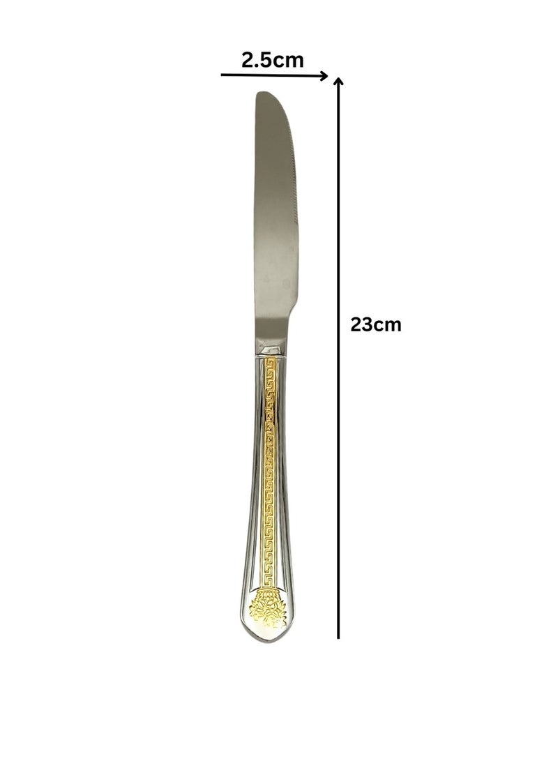 Liying 6Pcs Golden V Flower Design Stainless Steel Steak Knives Set 23cm x 2.5cm, Modern Silver Steak Knives for Home, Kitchen, Restaurant, Fine Edge & Mirror Polished, Dishwasher Safe