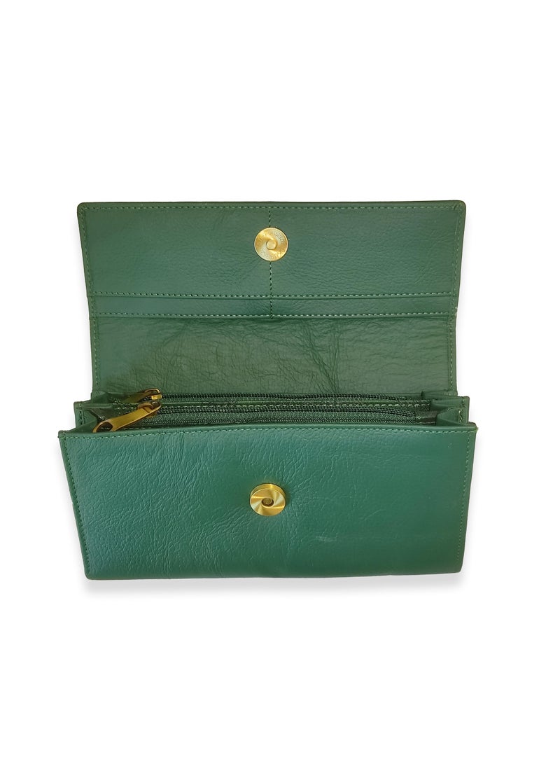 Genuine Leather Flap Green Wallet Women's Clutch Organizer