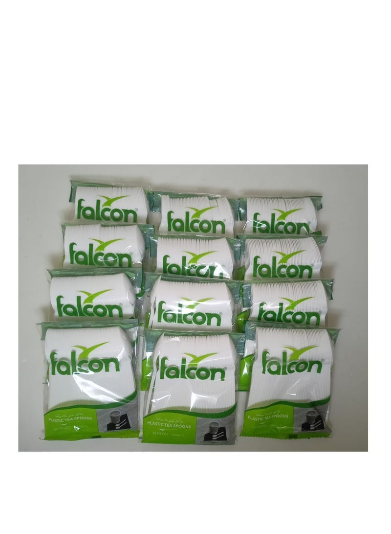 Falcon  Pack Of 12   X 50 Pcs Plastic Tea Spoons White  600 Pcs