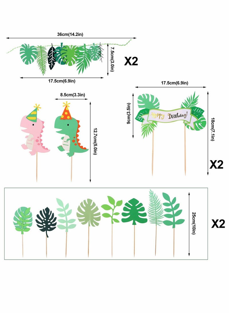 22 Pcs Dinosaur Cake Topper Cupcake Toppers for Wild Animal Theme Birthday Party, Cake Decoration Green Pink Dinosaur Tropical Palm Leaf for Children Shower Birthday Cake Party Decoration