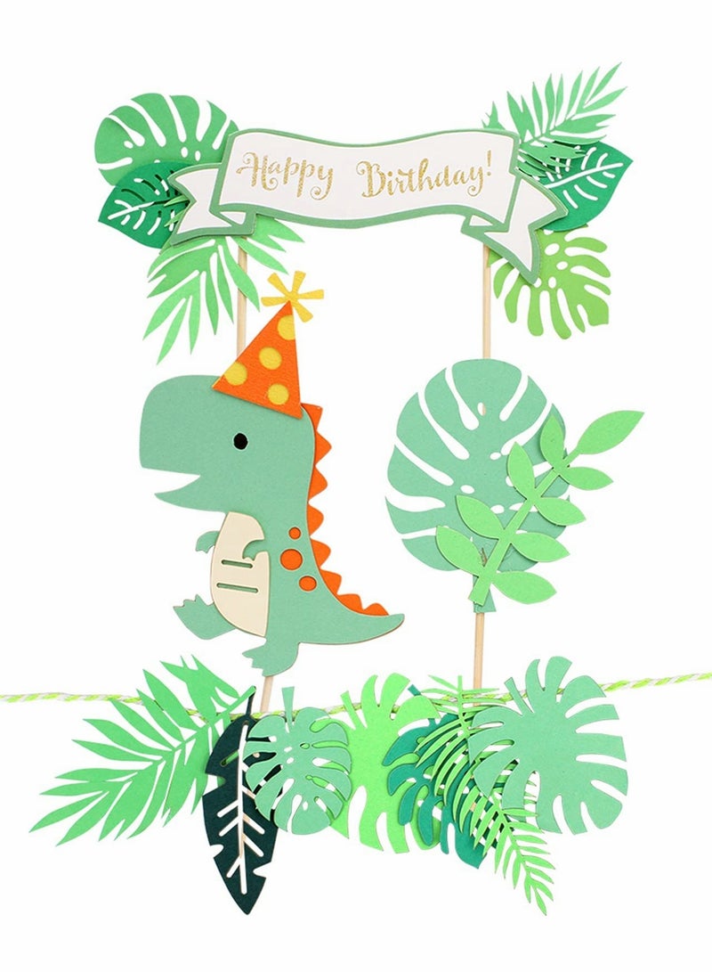 22 Pcs Dinosaur Cake Topper Cupcake Toppers for Wild Animal Theme Birthday Party, Cake Decoration Green Pink Dinosaur Tropical Palm Leaf for Children Shower Birthday Cake Party Decoration