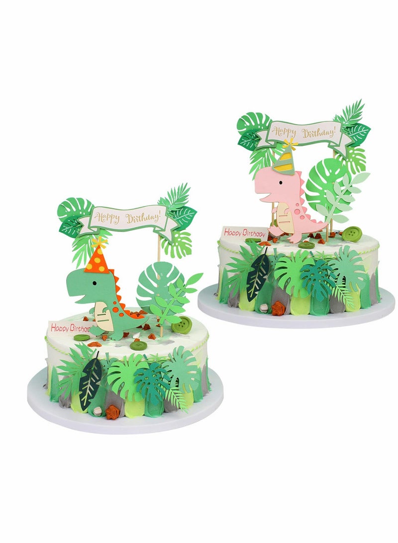 22 Pcs Dinosaur Cake Topper Cupcake Toppers for Wild Animal Theme Birthday Party, Cake Decoration Green Pink Dinosaur Tropical Palm Leaf for Children Shower Birthday Cake Party Decoration