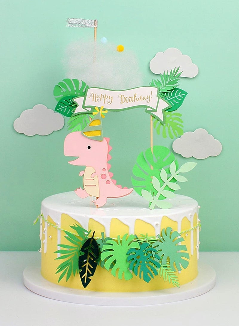 22 Pcs Dinosaur Cake Topper Cupcake Toppers for Wild Animal Theme Birthday Party, Cake Decoration Green Pink Dinosaur Tropical Palm Leaf for Children Shower Birthday Cake Party Decoration