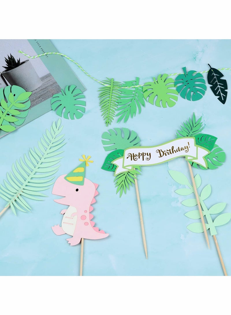 22 Pcs Dinosaur Cake Topper Cupcake Toppers for Wild Animal Theme Birthday Party, Cake Decoration Green Pink Dinosaur Tropical Palm Leaf for Children Shower Birthday Cake Party Decoration