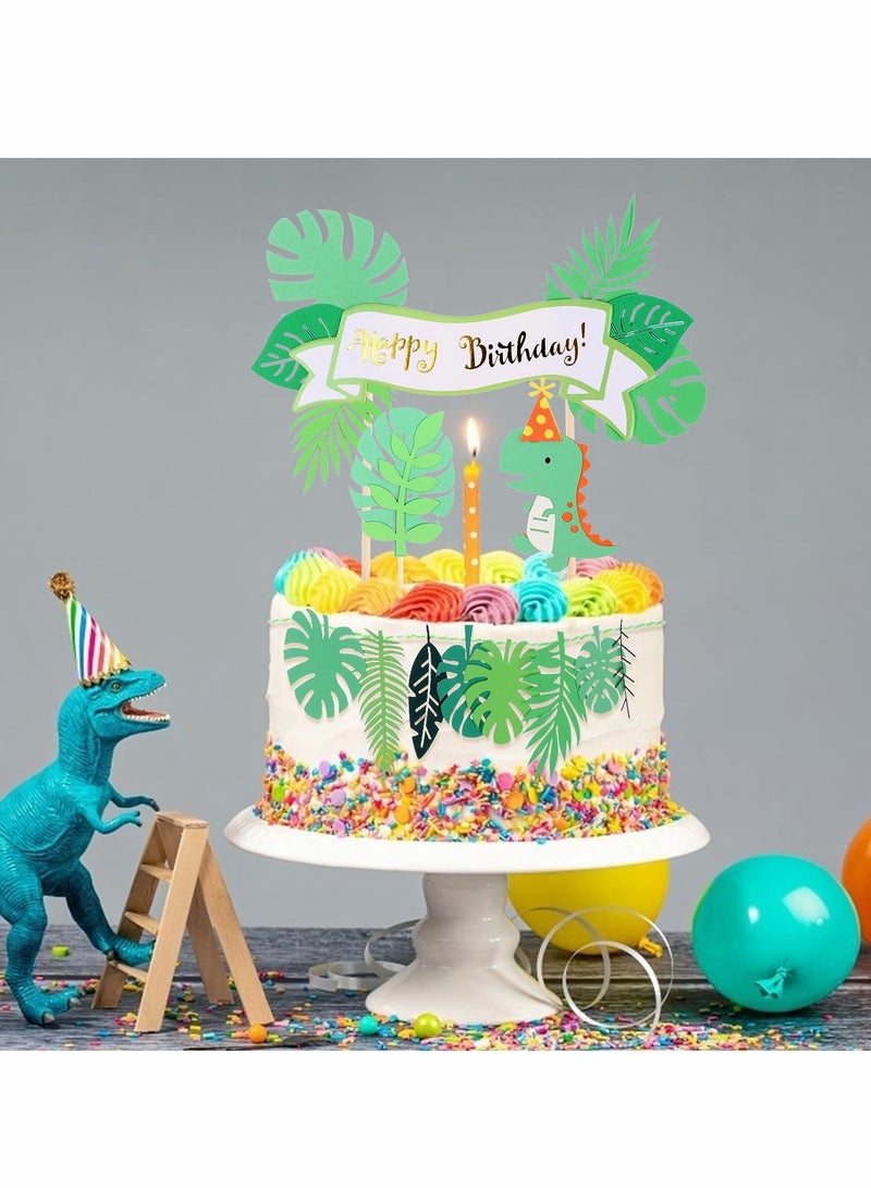 22 Pcs Dinosaur Cake Topper Cupcake Toppers for Wild Animal Theme Birthday Party, Cake Decoration Green Pink Dinosaur Tropical Palm Leaf for Children Shower Birthday Cake Party Decoration