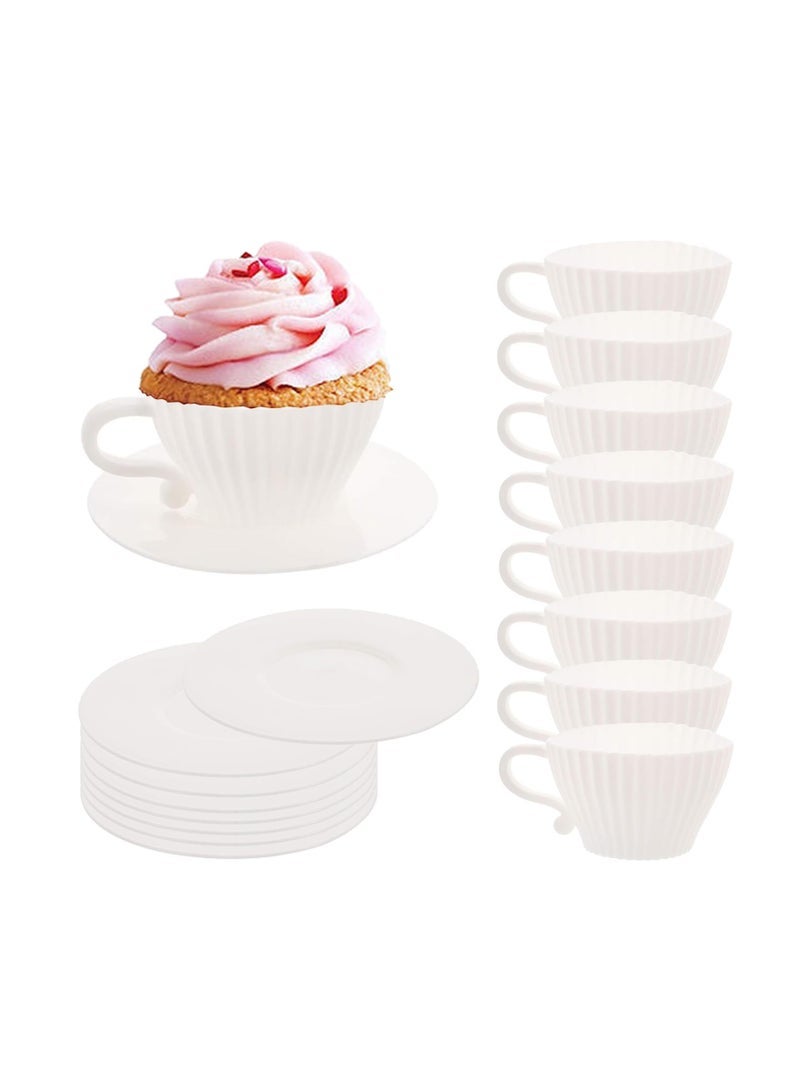 Muffin Cups for Baking Cupcake Liners Reusable Chocolate 8 Teacups with 8 Saucers White