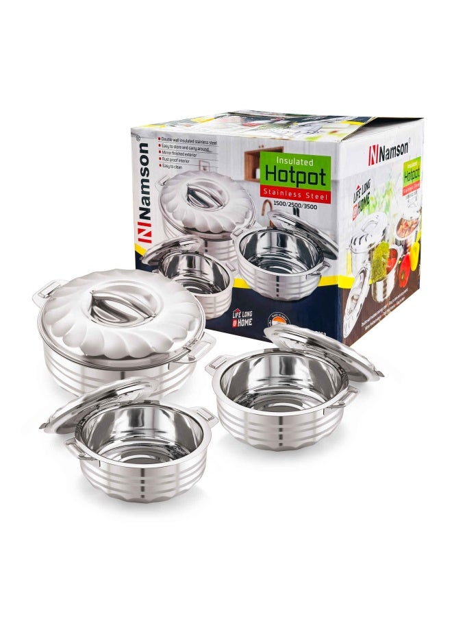 3  Pieces Hotpot Casserole Na-7963 | 1.5L-2.5L-3.5L| Double Wall Stainless Steel | Rust Proof| Easy To Clean |Keep Food Hot & Cool Fresh For Long Hours Made In India
