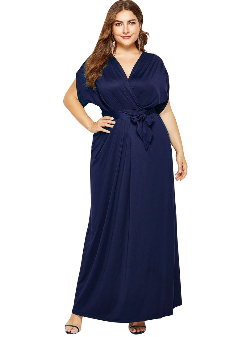 V-Neck Loose Swing Irregular Bat Sleeve Large Size Dress Navy Blue