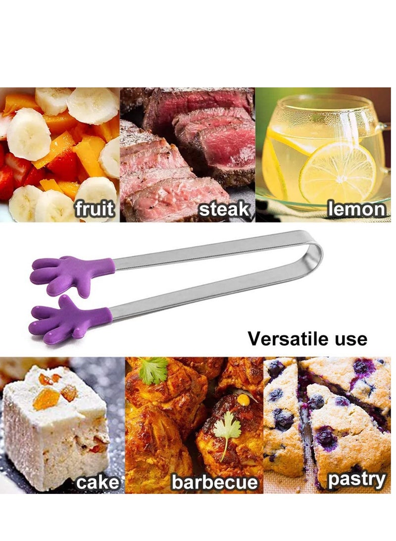 Mini Tongs 6PCS, 5 Inch Hand Shape Food Tongs, Colourful Small Kids Tongs for Serving Food, Ice Cube, Fruits, Sugar, Barbecue