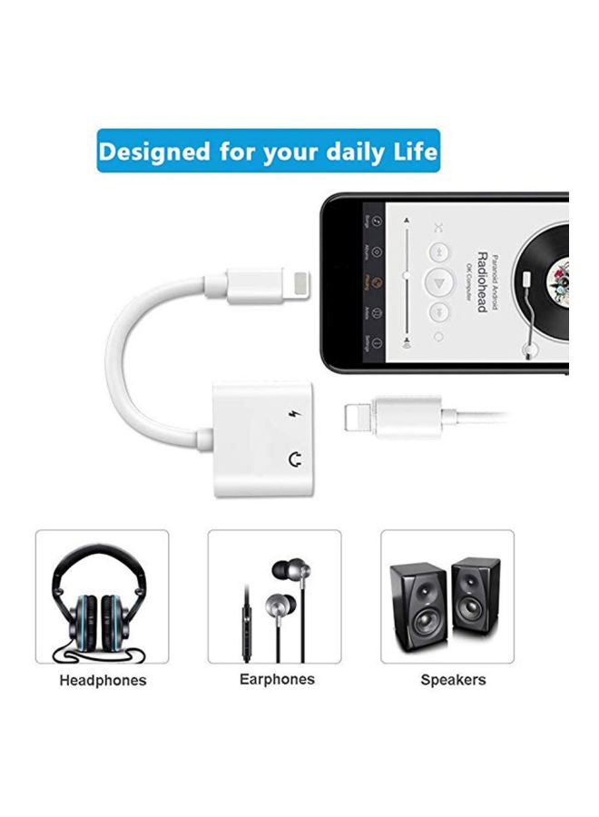 2-In-1 Lightning Audio And Charging Adapter Extension Cable White