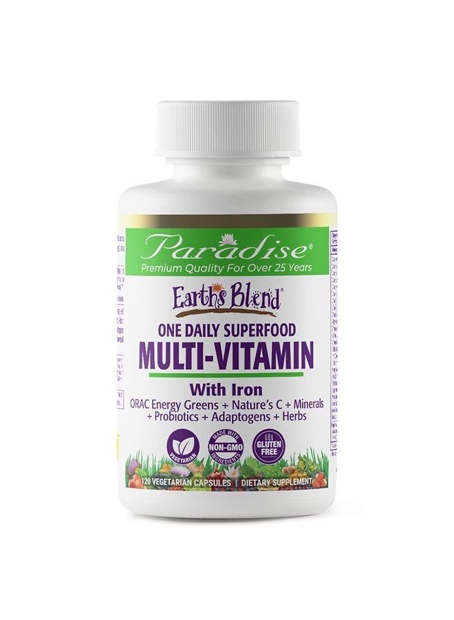 Earth's Blend Organic Multivitamin with Iron, Antioxidants, Vitamins A, B, C, D, K2, Probiotics, Adaptogens, Vegetarian, Non GMO, Gluten Free, 120 Capsules