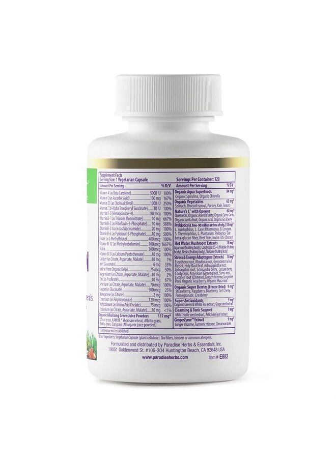 Earth's Blend Organic Multivitamin with Iron, Antioxidants, Vitamins A, B, C, D, K2, Probiotics, Adaptogens, Vegetarian, Non GMO, Gluten Free, 120 Capsules