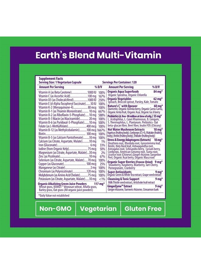 Earth's Blend Organic Multivitamin with Iron, Antioxidants, Vitamins A, B, C, D, K2, Probiotics, Adaptogens, Vegetarian, Non GMO, Gluten Free, 120 Capsules