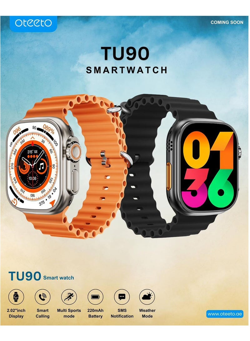 Oteeto TU90 Ultra 2 Smart Watch With 2.2 Inch Display 2 Pair Straps and Wireless Charger For Ladies and Gents