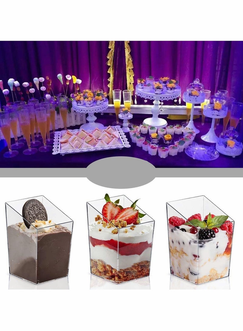 30 x 3 oz Mini Dessert Cups with Spoons Square Slanted - Clear Plastic Parfait Appetizer Cup