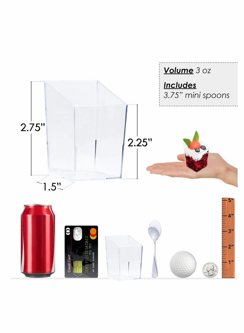 30 x 3 oz Mini Dessert Cups with Spoons Square Slanted - Clear Plastic Parfait Appetizer Cup