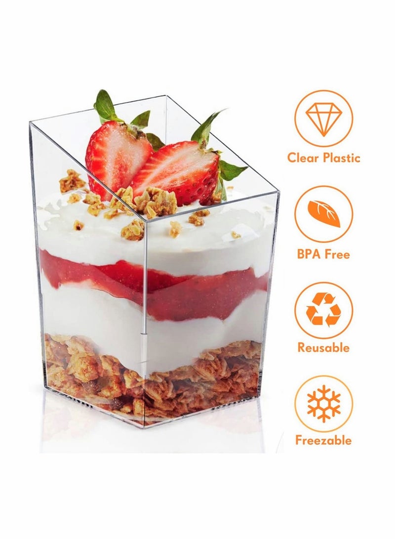 30 x 3 oz Mini Dessert Cups with Spoons Square Slanted - Clear Plastic Parfait Appetizer Cup