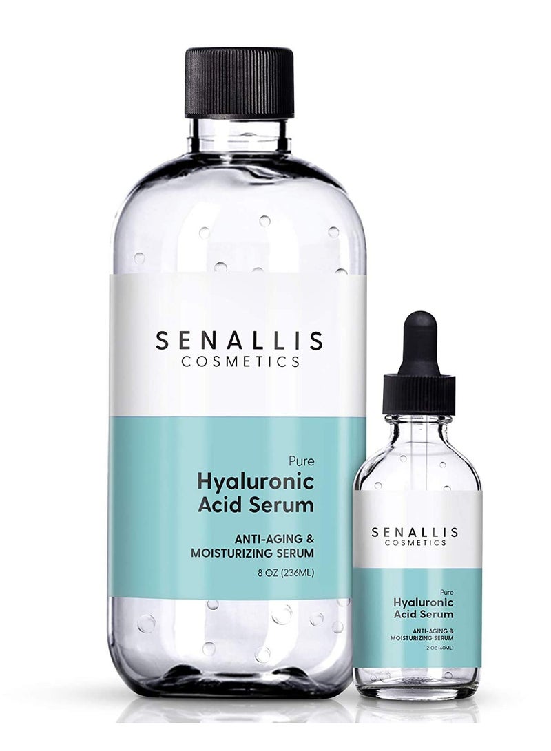 Hyaluronic Acid Serum 8 fl oz And 2 fl oz, Made From Pure Hyaluronic Acid, Anti Aging/Wrinkle, Ultra-Hydrating Moisturizer That Reduces Dry Skin Manufactured In USA