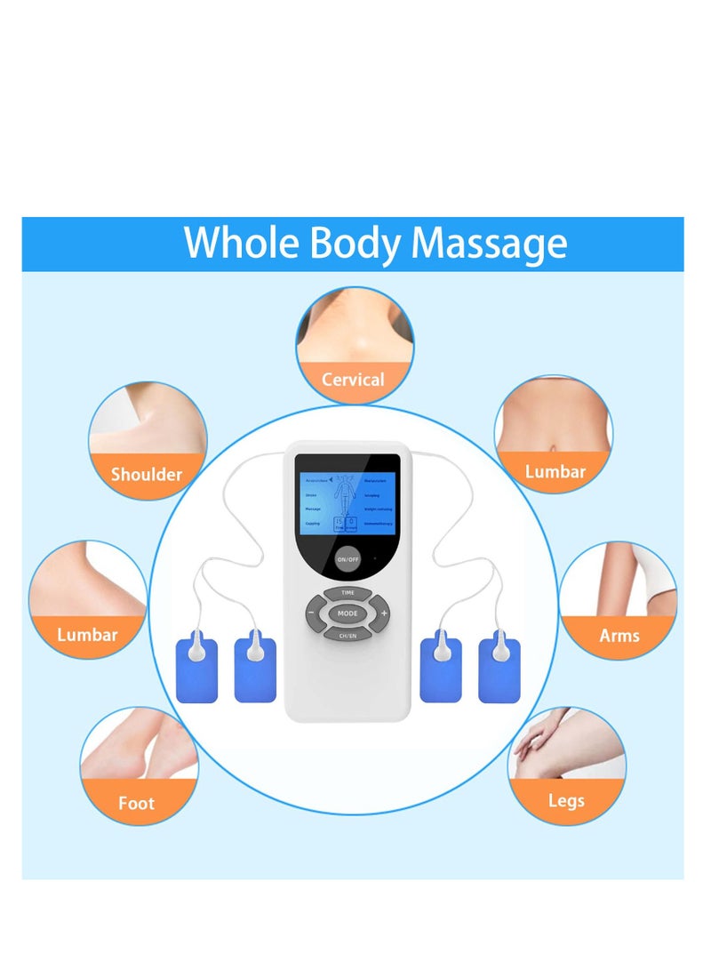 TENS Machine, Rechargeable TENS Machine Muscle Stimulator for Back, Neck, Muscle and Joint Pain, Portable EMS Body Acupuncture Massage Machine with 8 Massage Modes, 4 Patches (White-2)