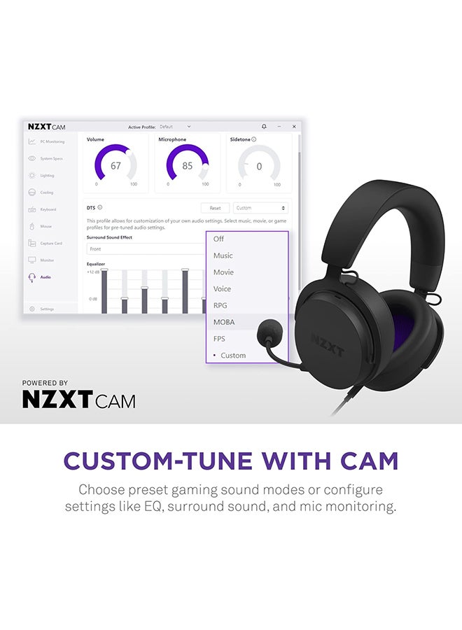 NZXT Relay Wired PC Gaming Headset - Hi-Res Audio Certified - DTS Headphone:X - 7.1 Surround Sound - Lightweight & Comfortable Design - Detachable Microphone - CAM Software - Black